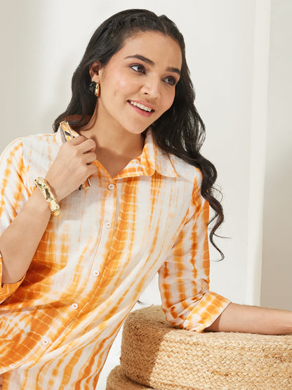 Janasya Women's Orange Pure Cotton Tie & dye Printed Shirt Top