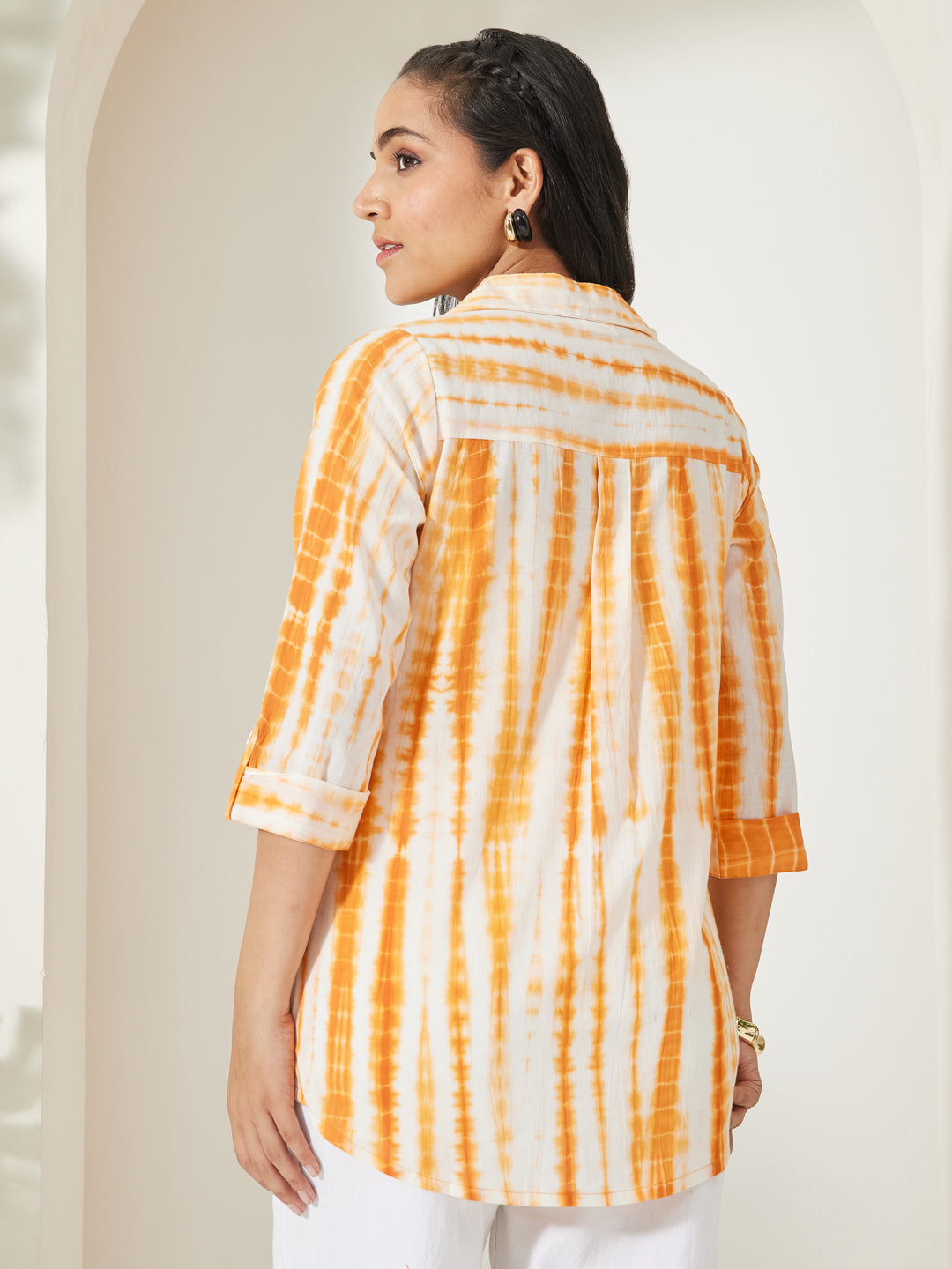 Janasya Women's Orange Pure Cotton Tie & dye Printed Shirt Top