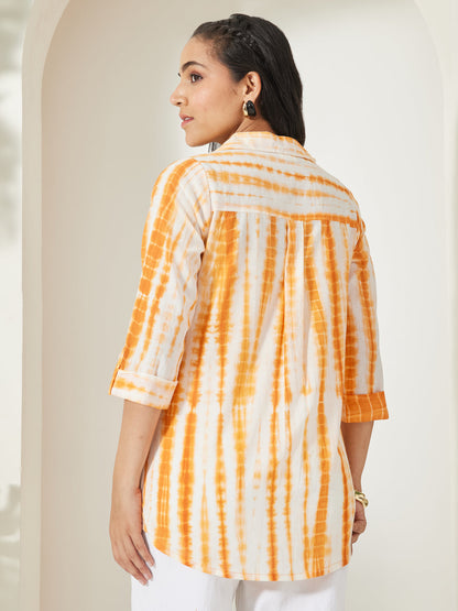 Janasya Women's Orange Pure Cotton Tie & dye Printed Shirt Top