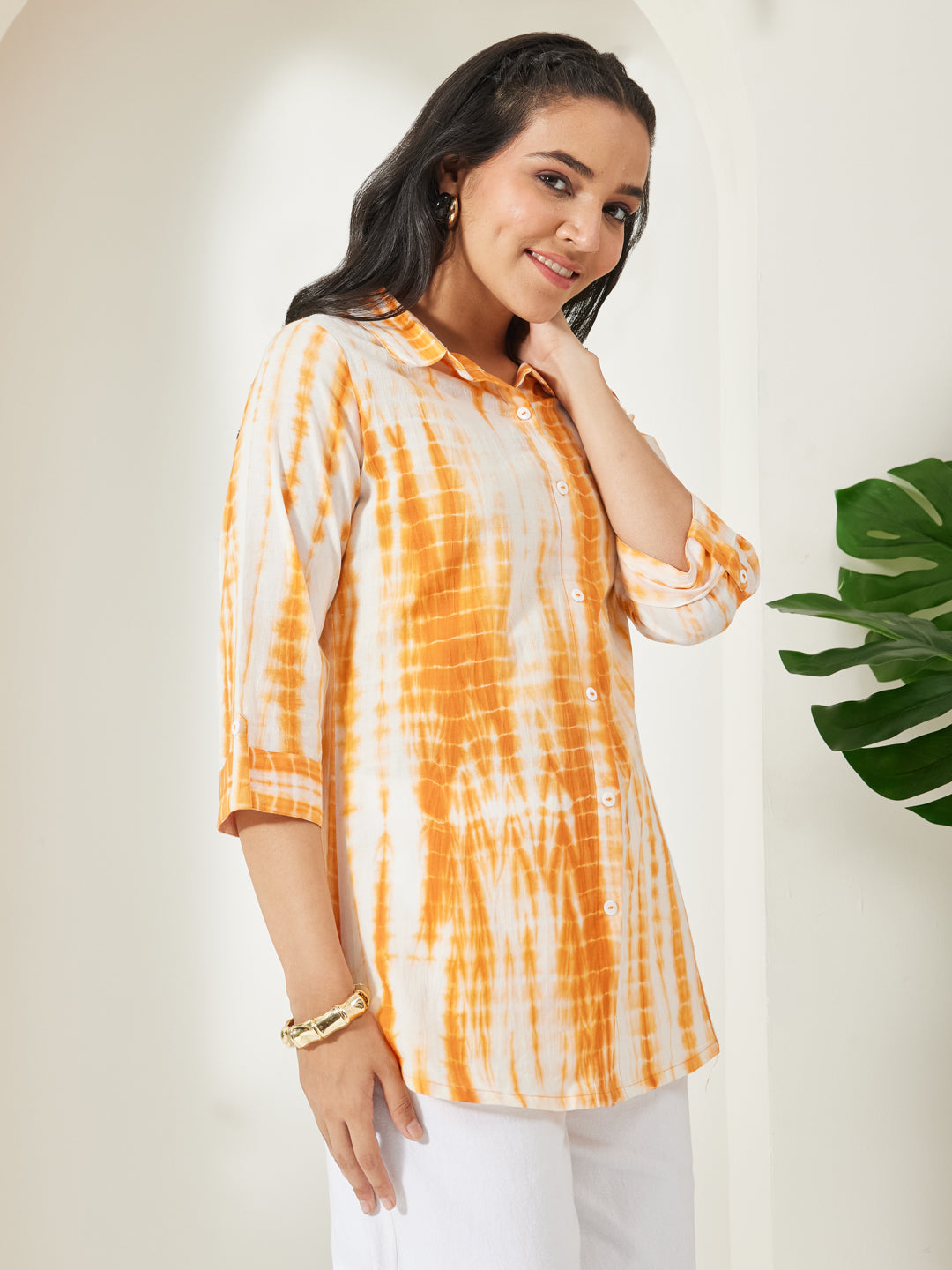 Janasya Women's Orange Pure Cotton Tie & dye Printed Shirt Top