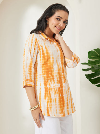 Janasya Women's Orange Pure Cotton Tie & dye Printed Shirt Top