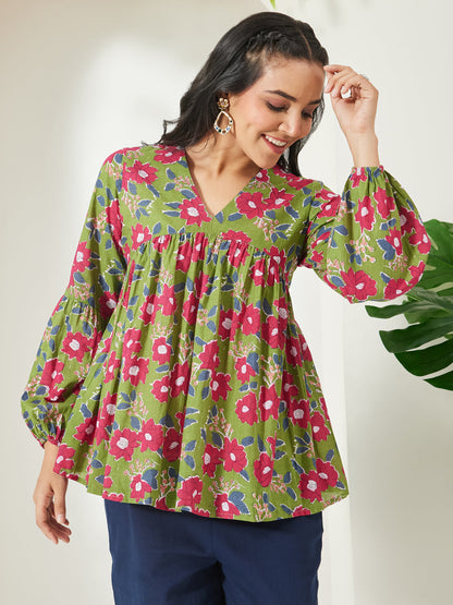 Janasya Women's Green Pure Cotton Floral Printed A-Line Top