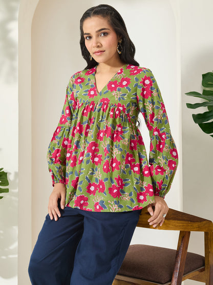 Janasya Women's Green Pure Cotton Floral Printed A-Line Top