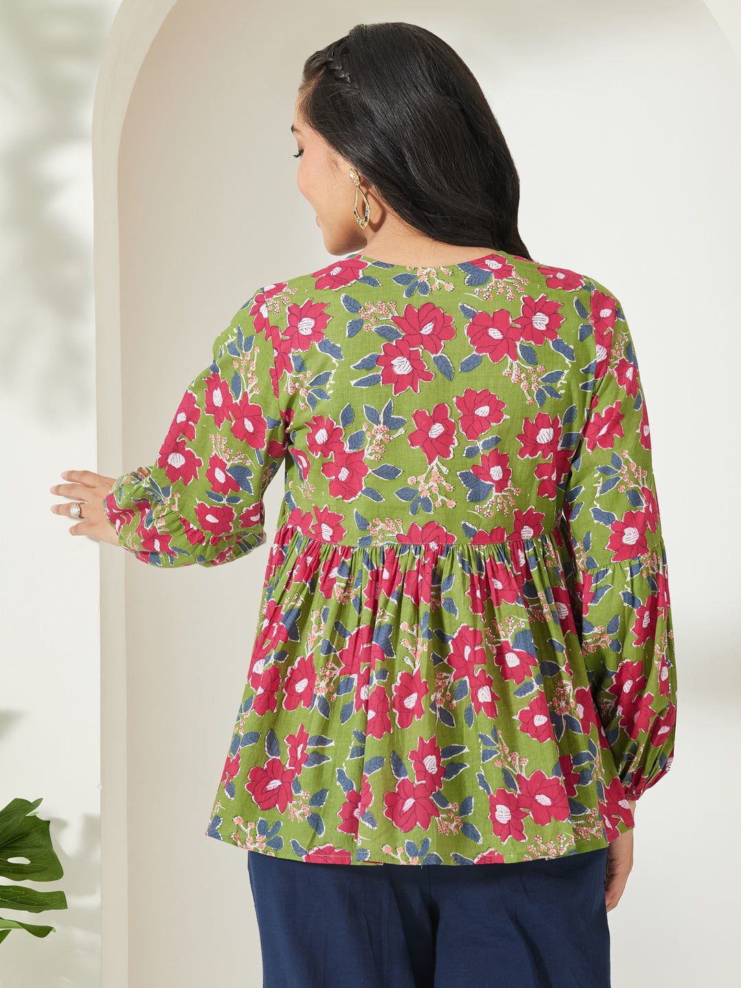 Janasya Women's Green Pure Cotton Floral Printed A-Line Top