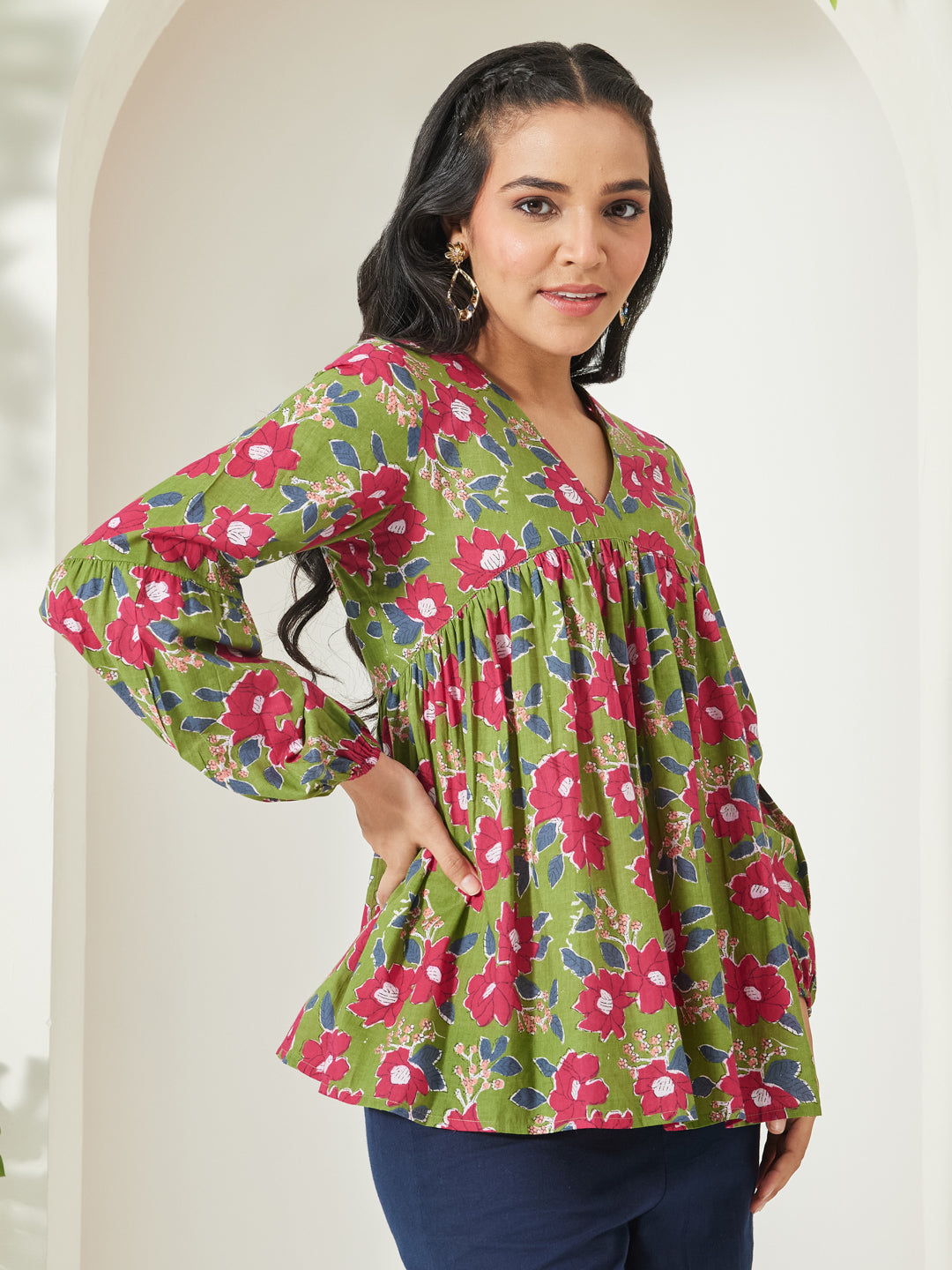 Janasya Women's Green Pure Cotton Floral Printed A-Line Top