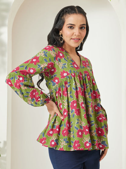 Janasya Women's Green Pure Cotton Floral Printed A-Line Top