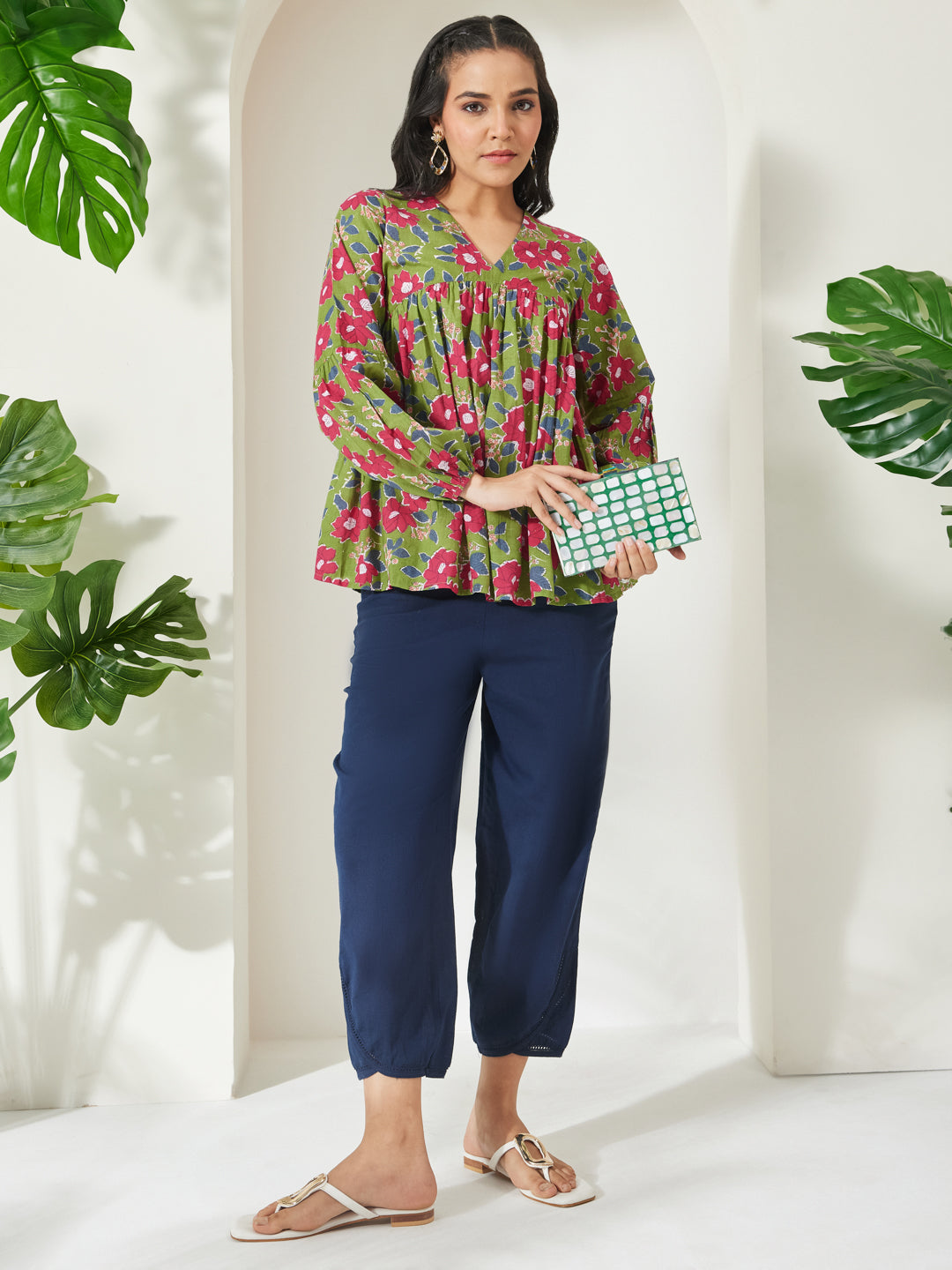 Janasya Women's Green Pure Cotton Floral Printed A-Line Top