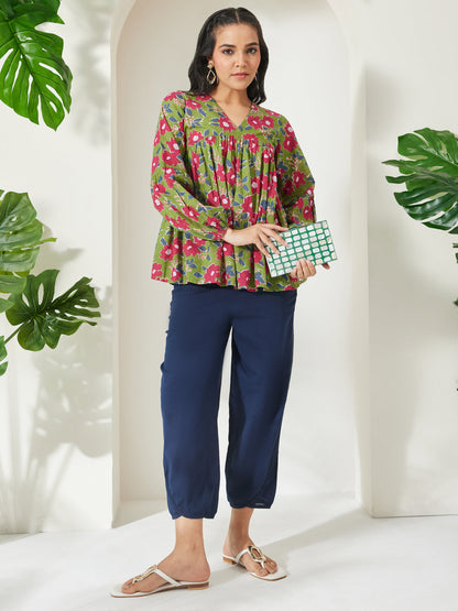 Janasya Women's Green Pure Cotton Floral Printed A-Line Top