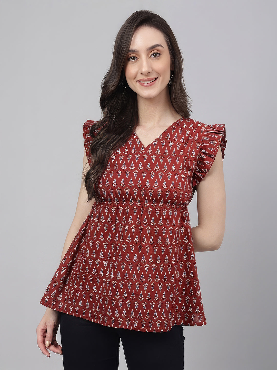 Janasya Women's Maroon Pure Cotton Ethnic Motifs Printed Peplum Top