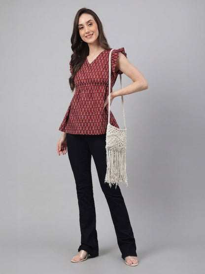 Janasya Women's Maroon Pure Cotton Ethnic Motifs Printed Peplum Top