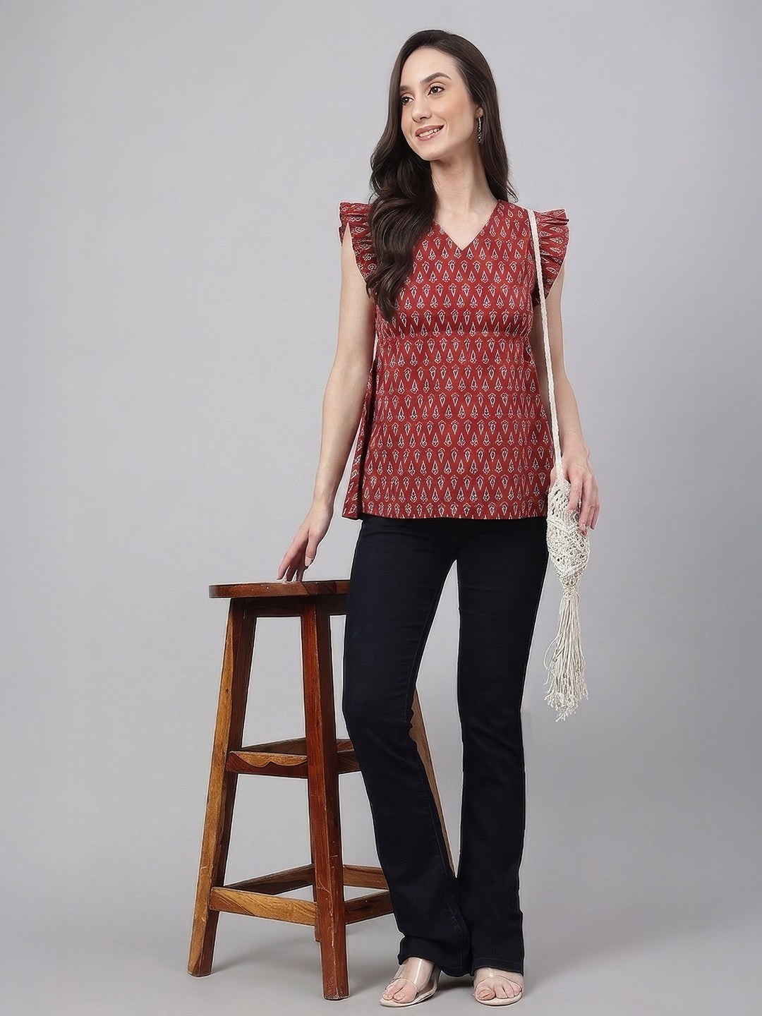 Janasya Women's Maroon Pure Cotton Ethnic Motifs Printed Peplum Top