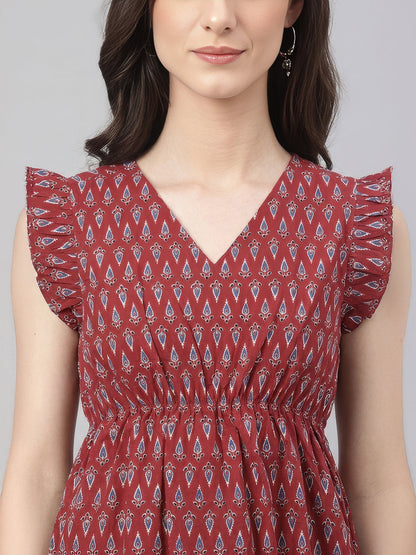 Janasya Women's Maroon Pure Cotton Ethnic Motifs Printed Peplum Top