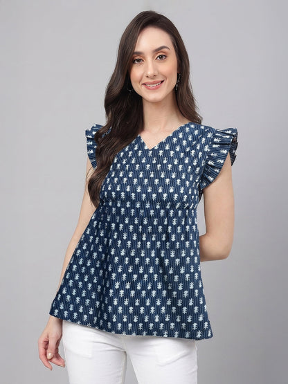 Janasya Women's Indigo Pure Cotton Ethnic Motifs Printed Fit & Flare Top