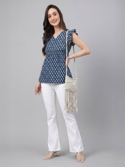 Janasya Women's Indigo Pure Cotton Ethnic Motifs Printed Fit & Flare Top