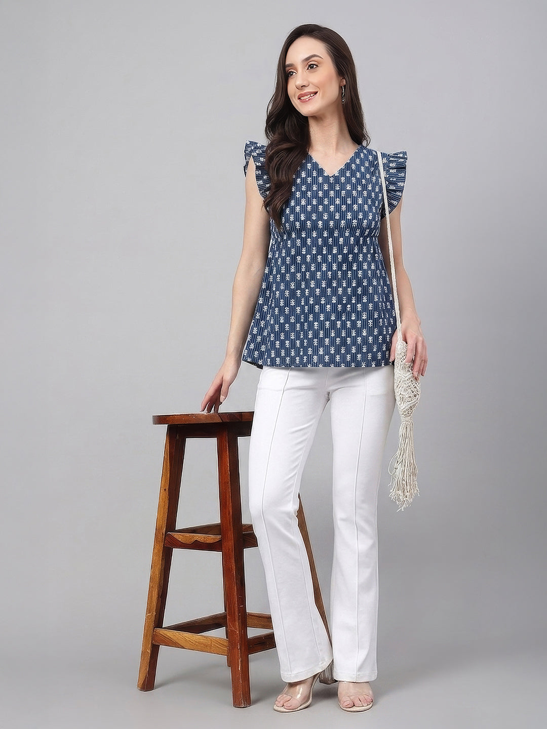 Janasya Women's Indigo Pure Cotton Ethnic Motifs Printed Fit & Flare Top