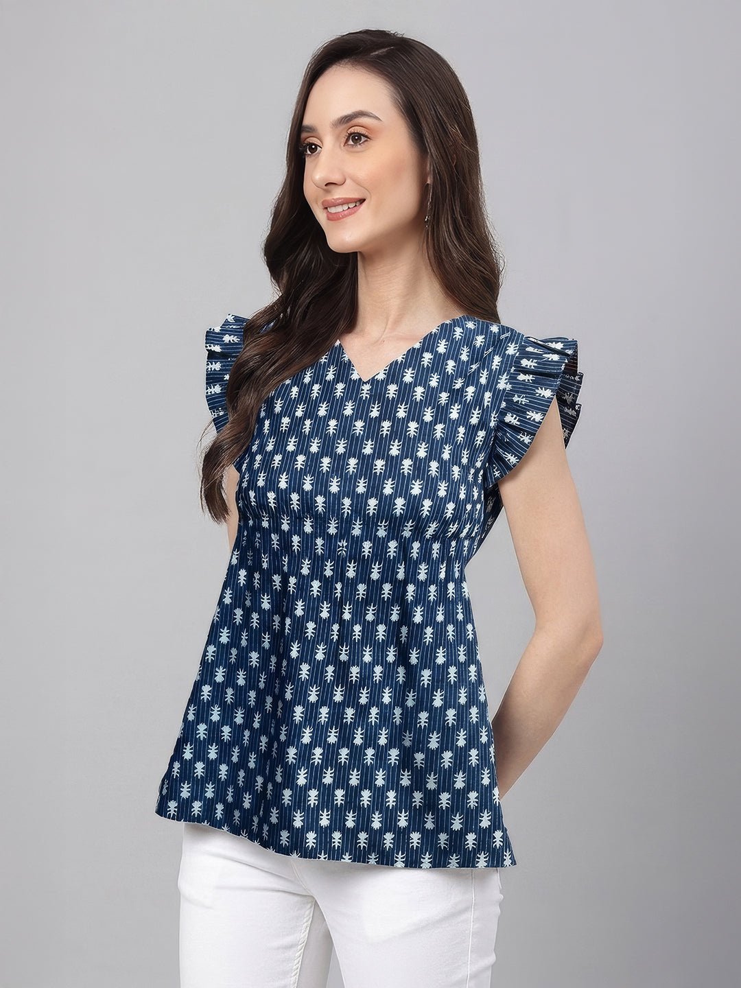 Janasya Women's Indigo Pure Cotton Ethnic Motifs Printed Fit & Flare Top
