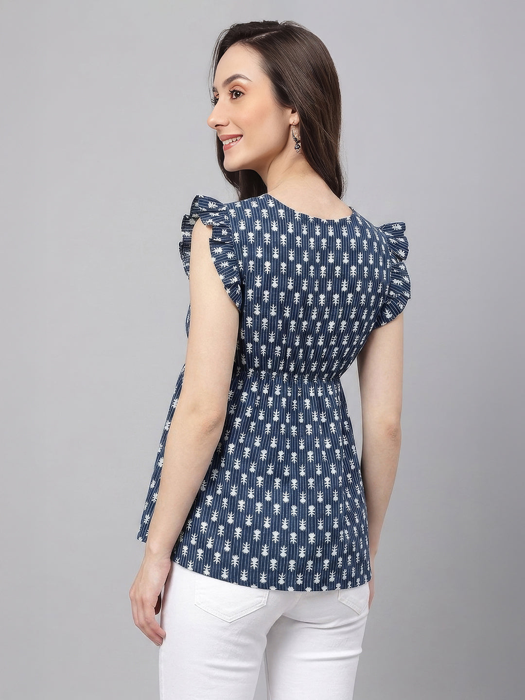 Janasya Women's Indigo Pure Cotton Ethnic Motifs Printed Fit & Flare Top