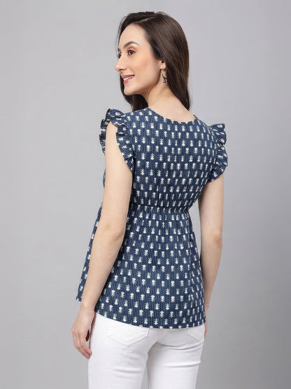 Janasya Women's Indigo Pure Cotton Ethnic Motifs Printed Fit & Flare Top