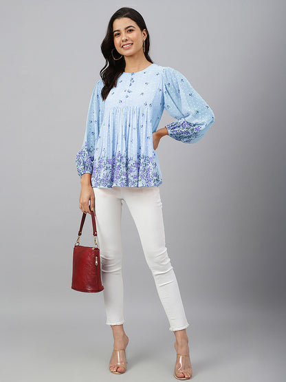 Janasya Women's Sky Blue Dobby Georgette Floral Printed Gathered Top