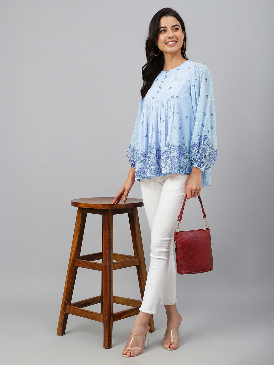 Janasya Women's Sky Blue Dobby Georgette Floral Printed Gathered Top