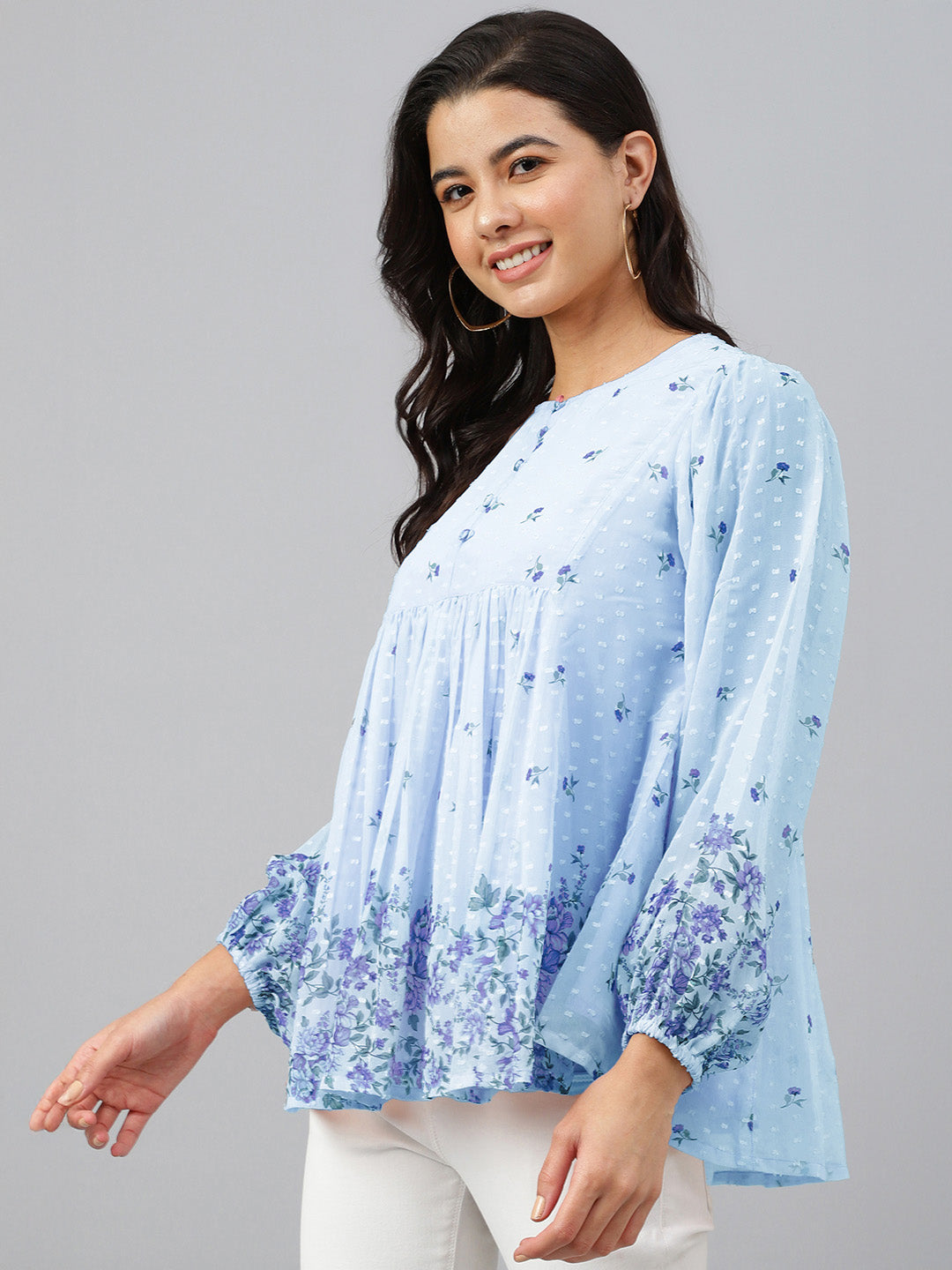 Janasya Women's Sky Blue Dobby Georgette Floral Printed Gathered Top