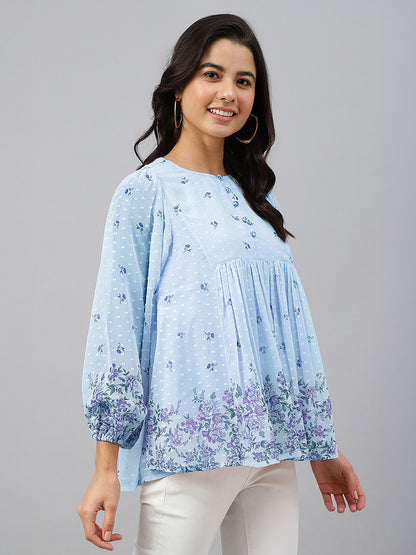 Janasya Women's Sky Blue Dobby Georgette Floral Printed Gathered Top