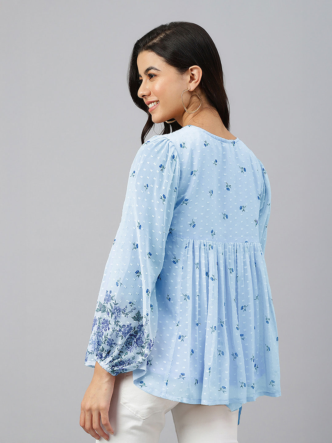 Janasya Women's Sky Blue Dobby Georgette Floral Printed Gathered Top