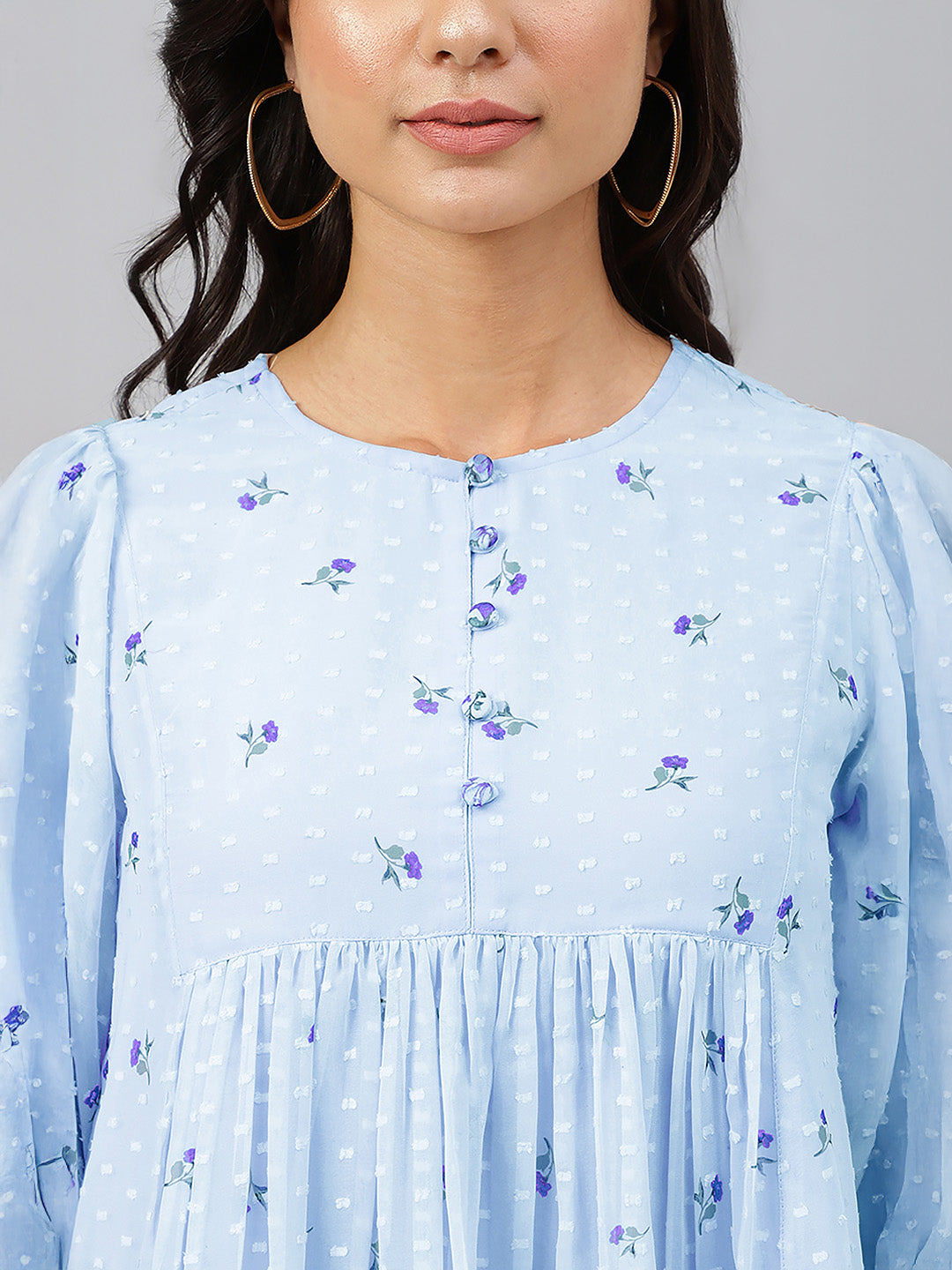 Janasya Women's Sky Blue Dobby Georgette Floral Printed Gathered Top