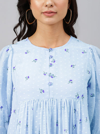Janasya Women's Sky Blue Dobby Georgette Floral Printed Gathered Top