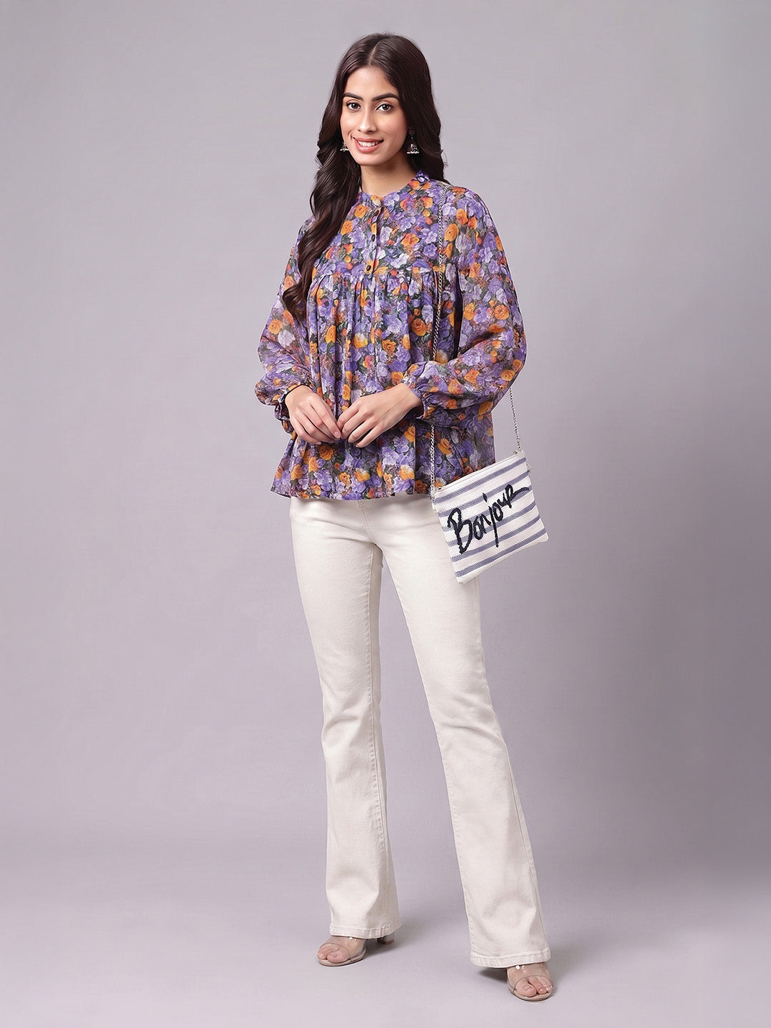 Janasya Women's Multi Color Georgette Floral Printed Gathered Top