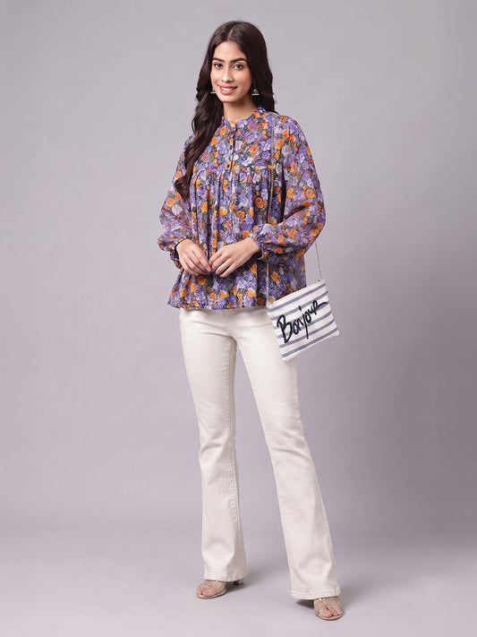 Janasya Women's Multi Color Georgette Floral Printed Gathered Top