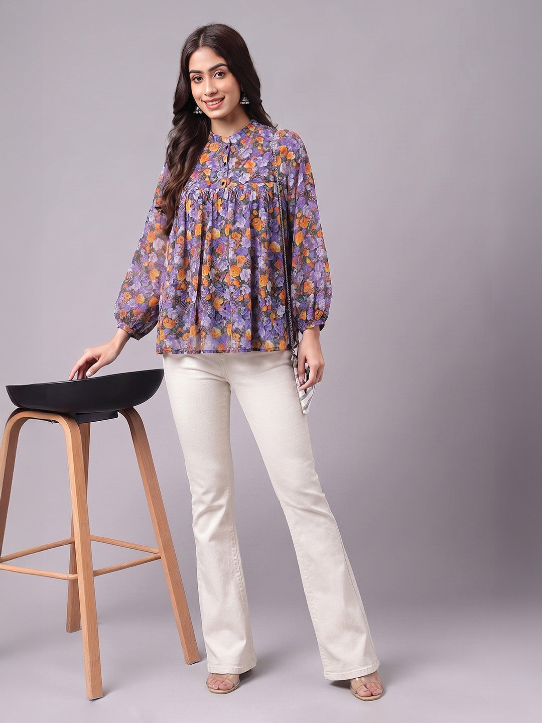 Janasya Women's Multi Color Georgette Floral Printed Gathered Top