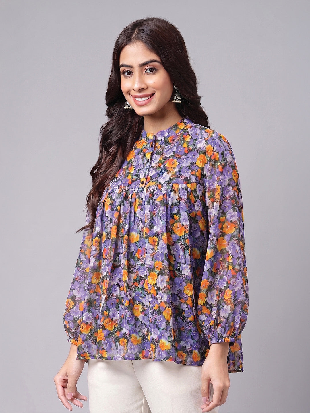 Janasya Women's Multi Color Georgette Floral Printed Gathered Top