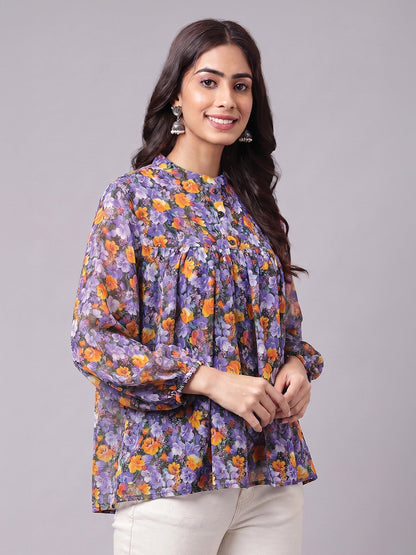 Janasya Women's Multi Color Georgette Floral Printed Gathered Top