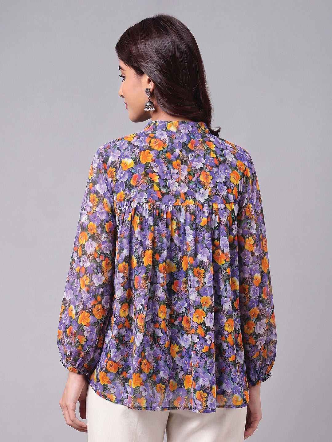 Janasya Women's Multi Color Georgette Floral Printed Gathered Top