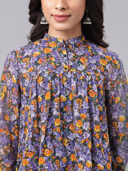 Janasya Women's Multi Color Georgette Floral Printed Gathered Top