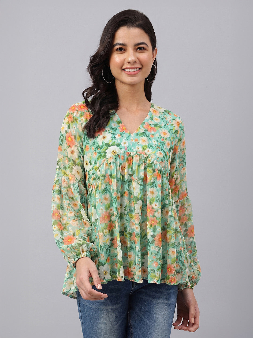 Janasya Women's Green Dobby Georgette Floral Printed Gathered Top