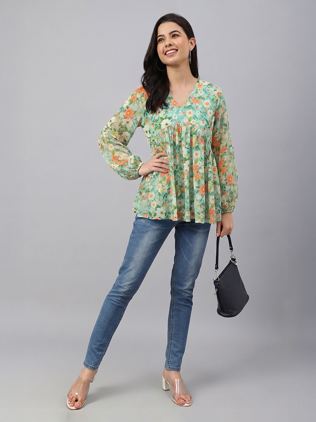 Janasya Women's Green Dobby Georgette Floral Printed Gathered Top