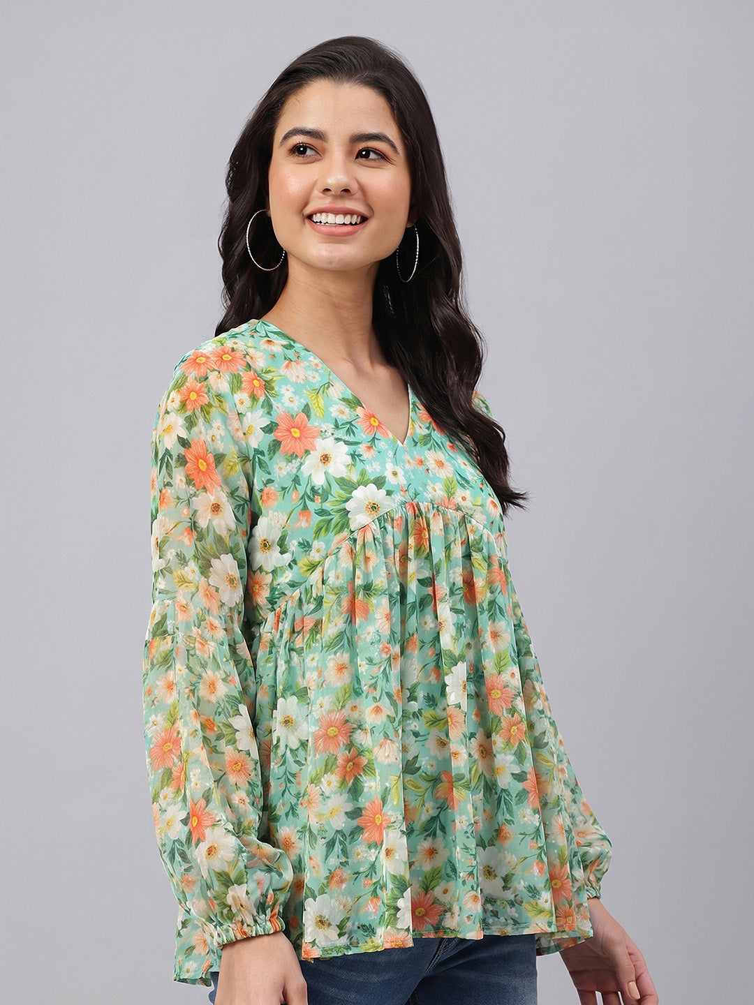Janasya Women's Green Dobby Georgette Floral Printed Gathered Top