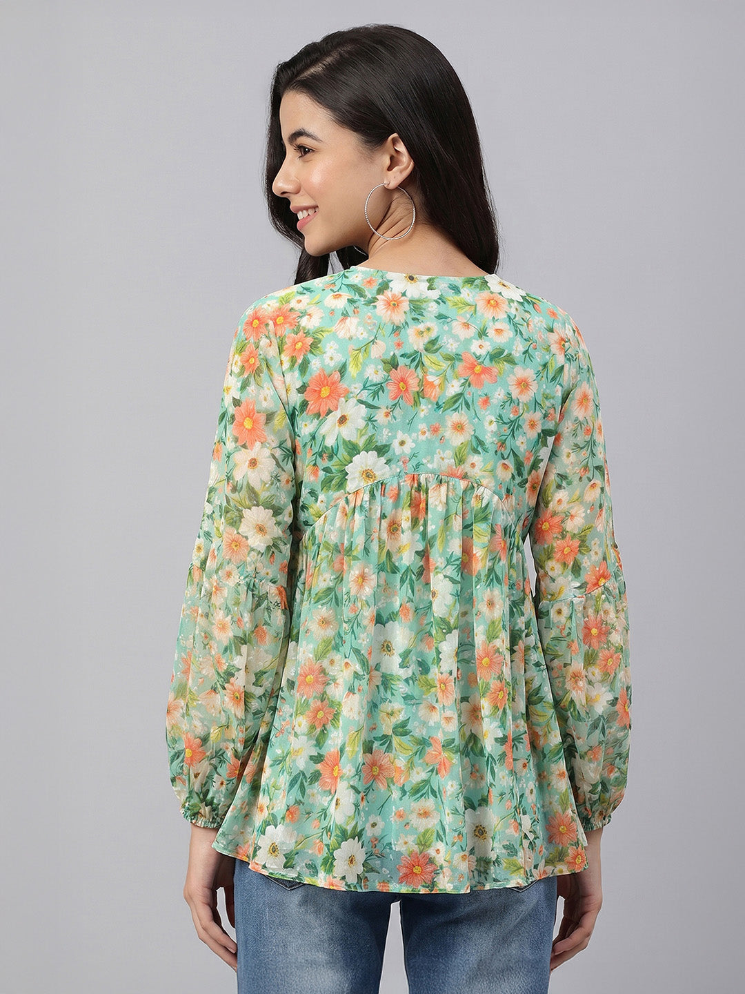 Janasya Women's Green Dobby Georgette Floral Printed Gathered Top
