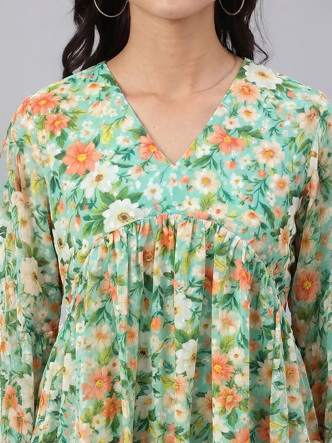 Janasya Women's Green Dobby Georgette Floral Printed Gathered Top