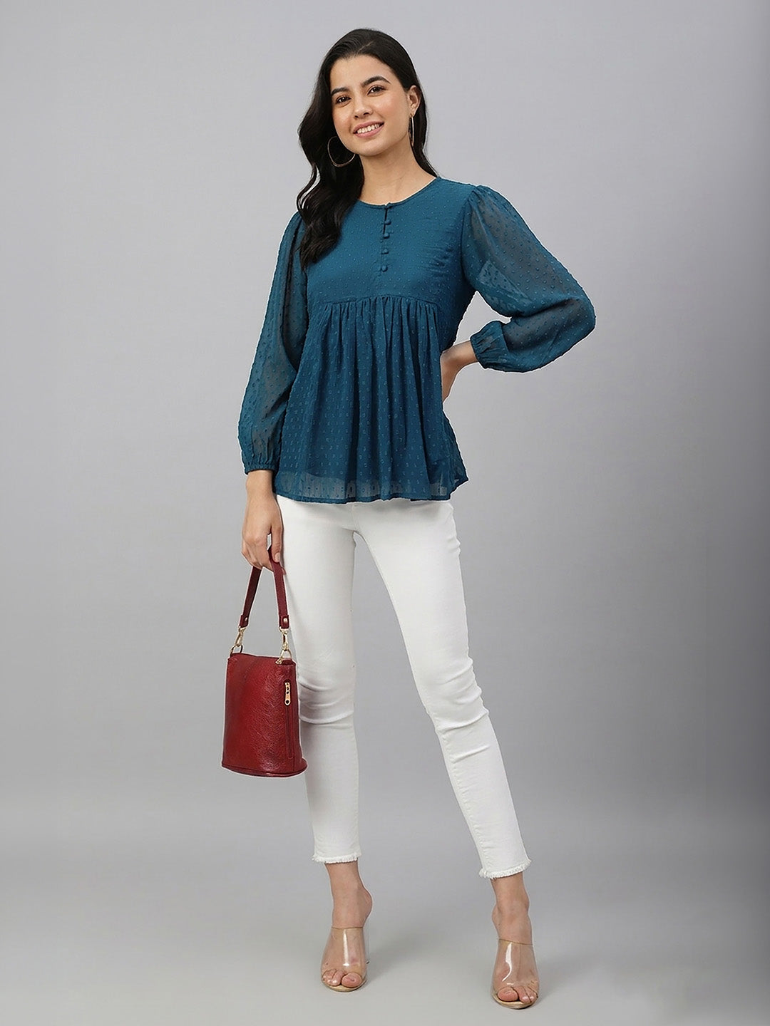 Janasya Women's Teal Blue Dobby Chiffon Solid Gathered Top