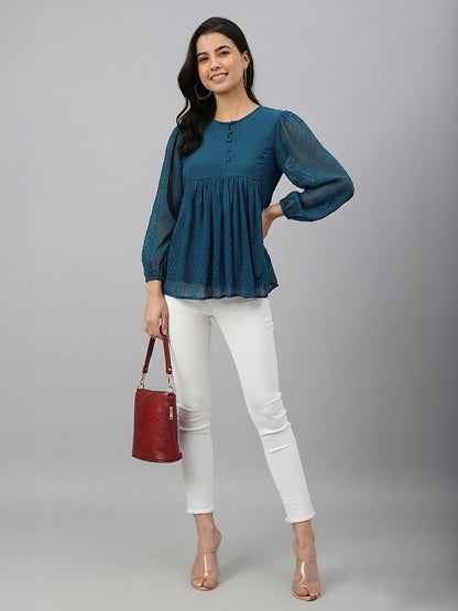 Janasya Women's Teal Blue Dobby Chiffon Solid Gathered Top