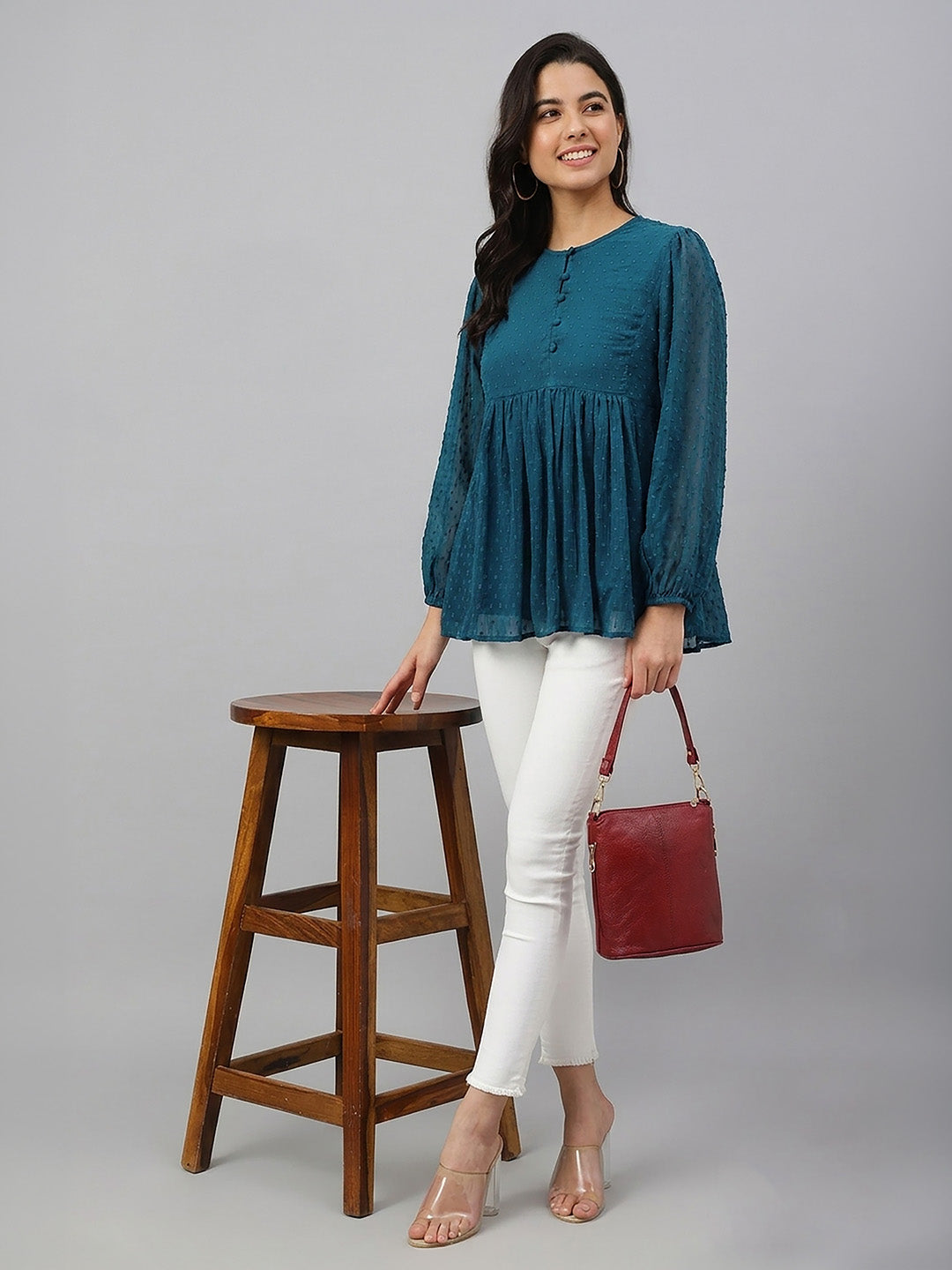 Janasya Women's Teal Blue Dobby Chiffon Solid Gathered Top