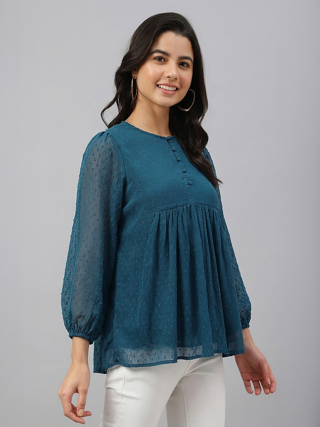 Janasya Women's Teal Blue Dobby Chiffon Solid Gathered Top