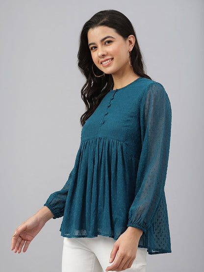 Janasya Women's Teal Blue Dobby Chiffon Solid Gathered Top