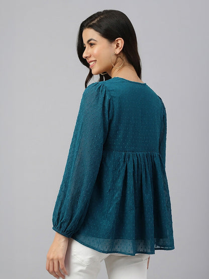 Janasya Women's Teal Blue Dobby Chiffon Solid Gathered Top