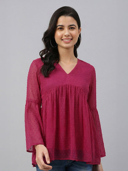 Janasya Women's Pink Dobby Chiffon Solid Gathered A-Line Top