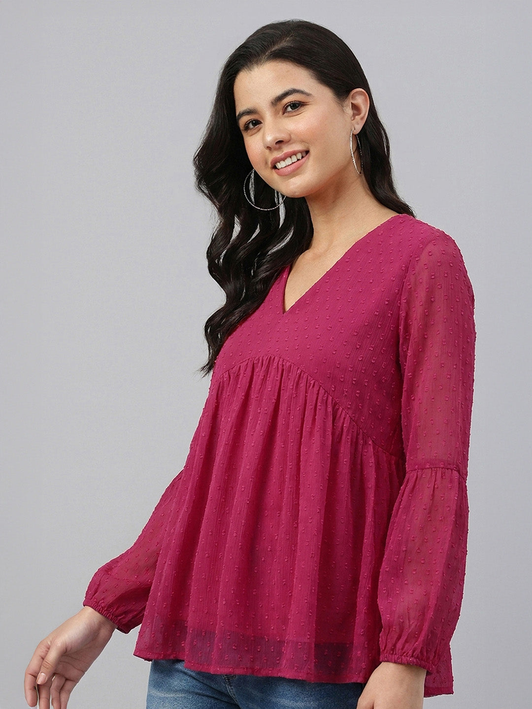Janasya Women's Pink Dobby Chiffon Solid Gathered A-Line Top