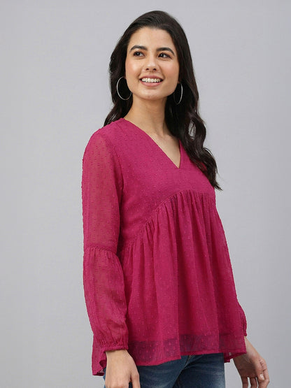 Janasya Women's Pink Dobby Chiffon Solid Gathered A-Line Top